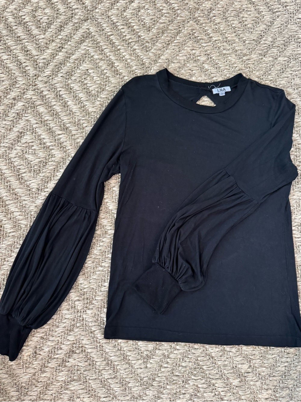 EUC  “LNA” Black Boutique long bell sleeve Tee w keyhole back,size small